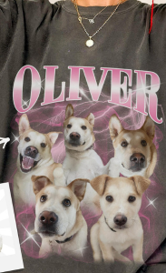 Exemplo de t-shirt personalizada com foto do cão em estilo vintage anos 90