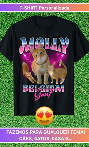 Exemplo de t-shirt personalizada com foto do gato em estilo vintage anos 90