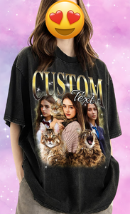 Exemplo de t-shirt personalizada com foto do gato em estilo vintage anos 90