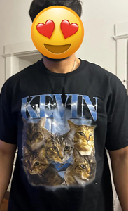 Exemplo de t-shirt personalizada com foto do gato em estilo vintage anos 90