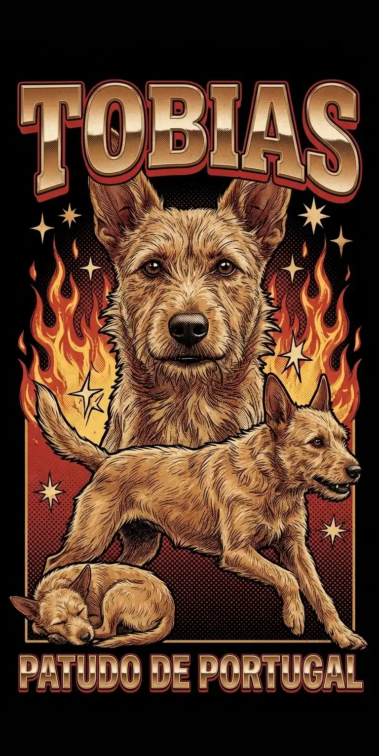 Design de t-shirt personalizada com um cão rafeiro, desenhado à mão em estilo vintage anos 90