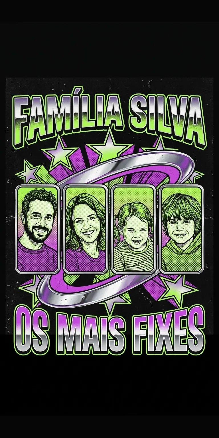 Design de t-shirt personalizada para família em estilo vintage anos 90, desenhado a partir de uma foto