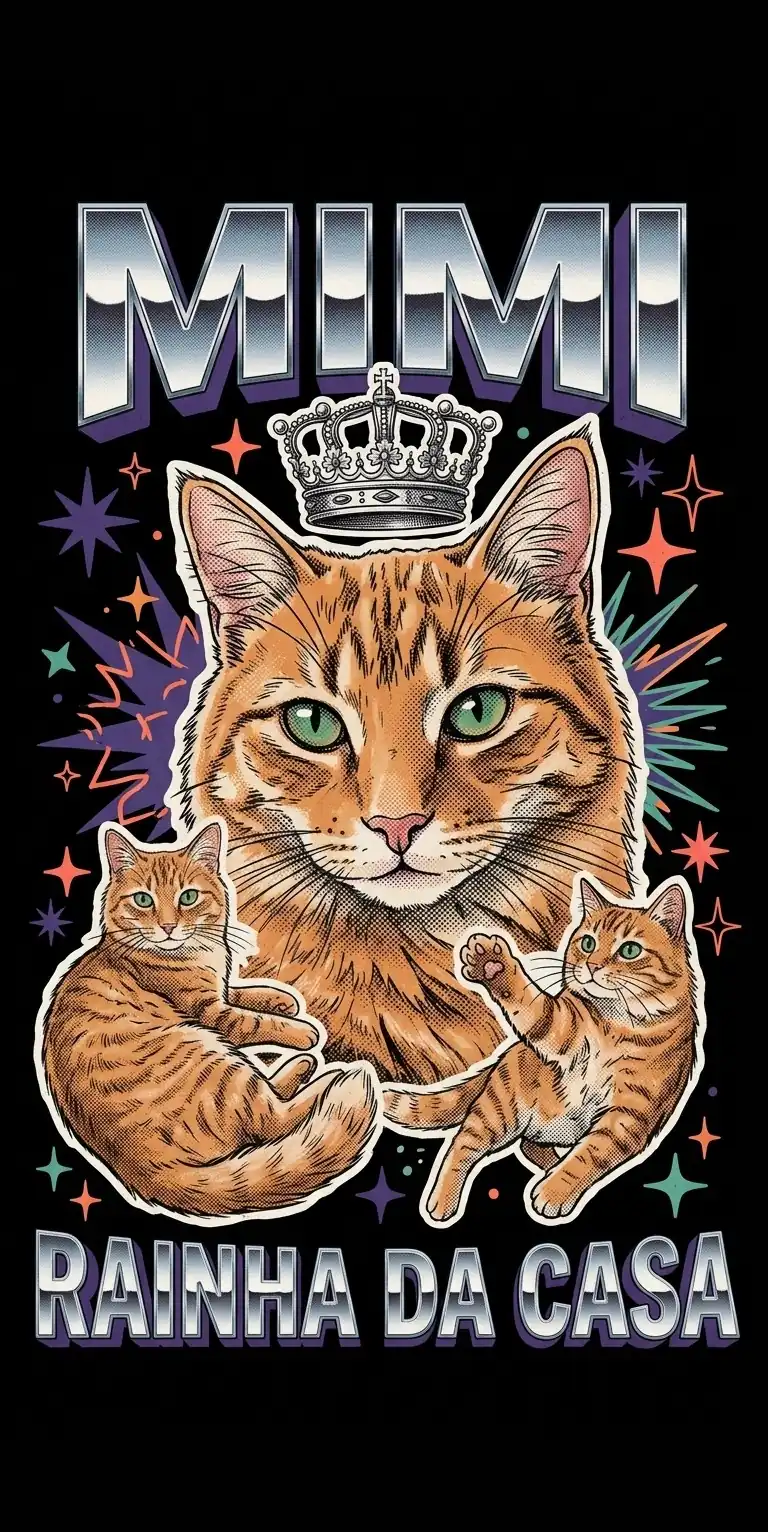 Design de t-shirt personalizada com uma gata laranja, desenhado à mão em estilo vintage anos 90