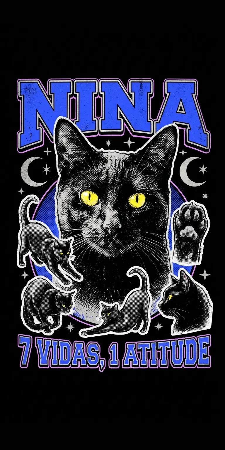 Design de t-shirt personalizada com um gato preto, desenhado à mão em estilo vintage anos 90
