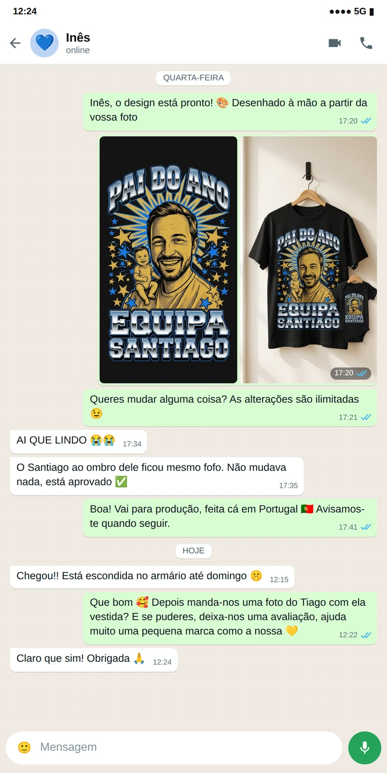 Exemplo de t-shirt personalizada para o Dia do Pai com o design aprovado por WhatsApp