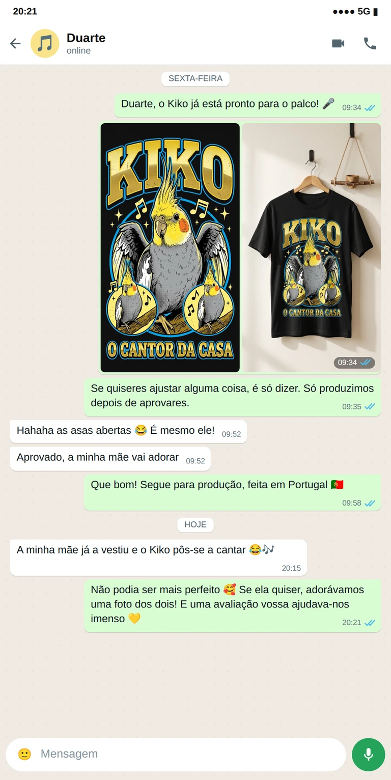 Exemplo de t-shirt personalizada com foto do pássaro aprovada por WhatsApp, prenda para donos de pássaros