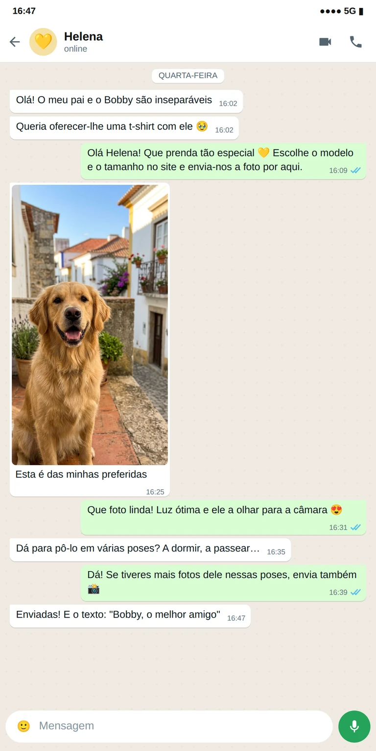 Exemplo de conversa de WhatsApp: t-shirt com foto do cão como prenda para um pai dono de cão