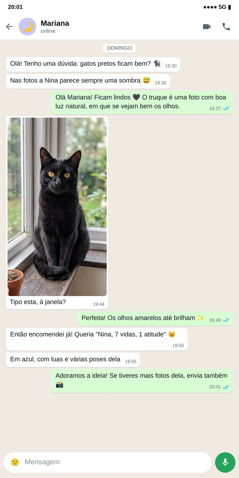 Exemplo de conversa de WhatsApp com a foto de um gato preto para criar uma t-shirt personalizada