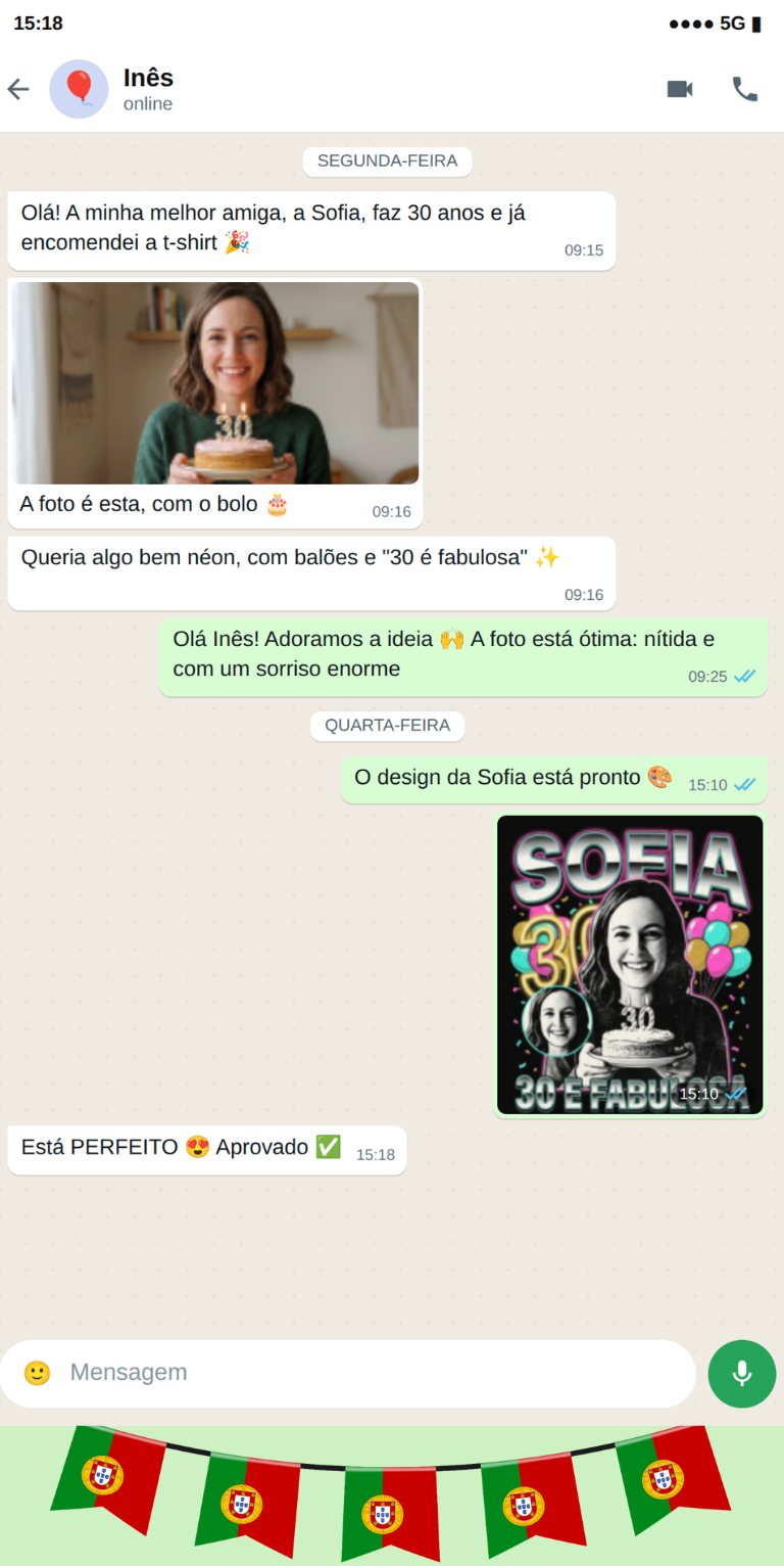 Exemplo de conversa de WhatsApp para encomendar uma t-shirt personalizada de aniversário