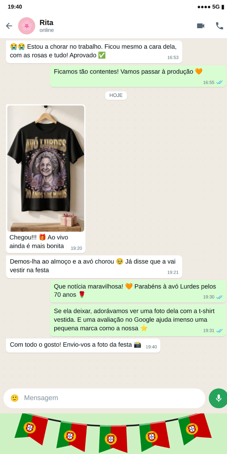 Exemplo de conversa de WhatsApp para encomendar uma t-shirt personalizada de aniversário
