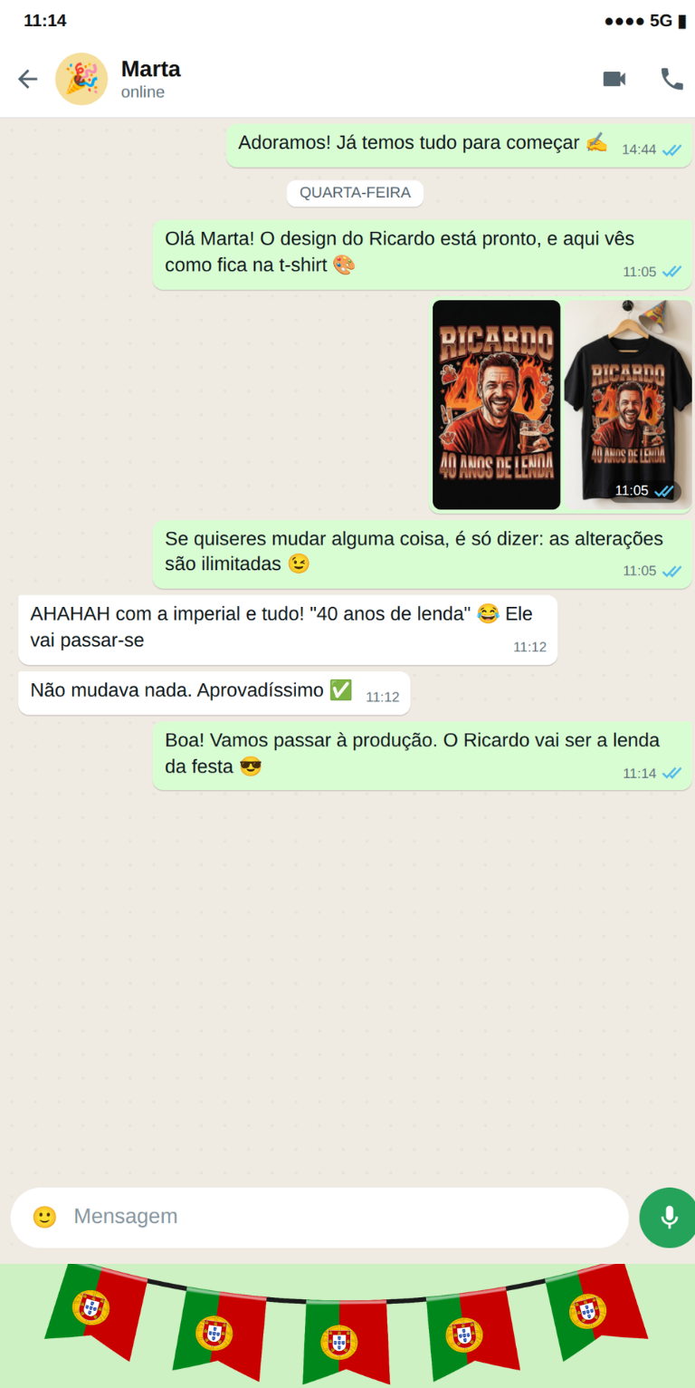 Exemplo de conversa de WhatsApp para encomendar uma t-shirt personalizada de aniversário