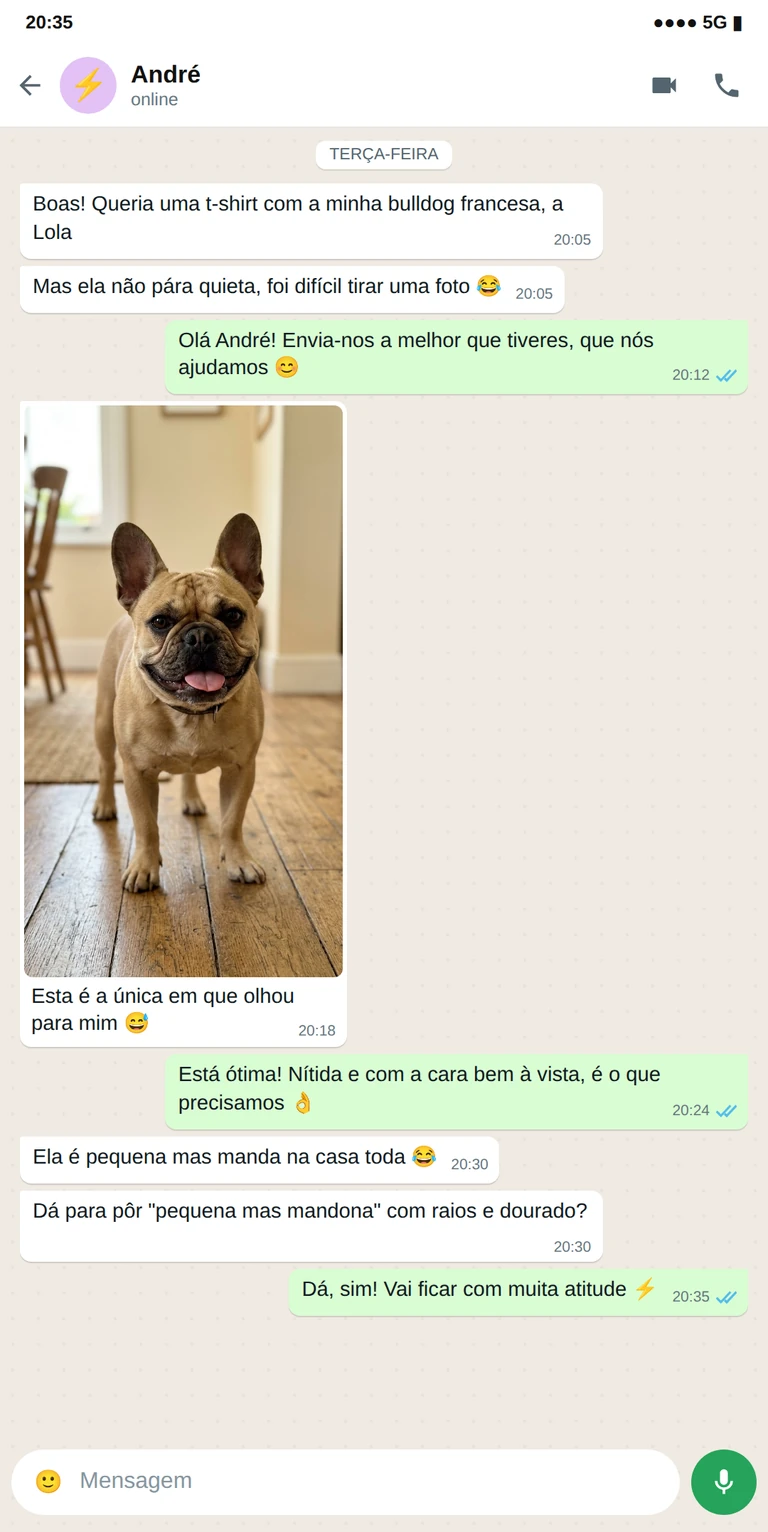 Exemplo de conversa de WhatsApp com a foto de um bulldog francês para uma t-shirt personalizada