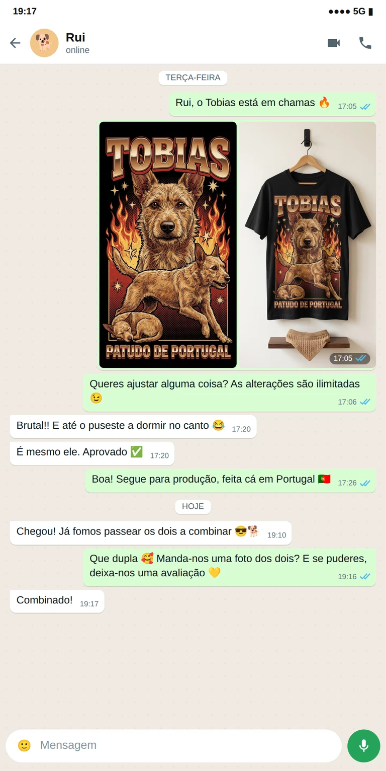 Exemplo de design de t-shirt personalizada com foto do cão aprovado por WhatsApp