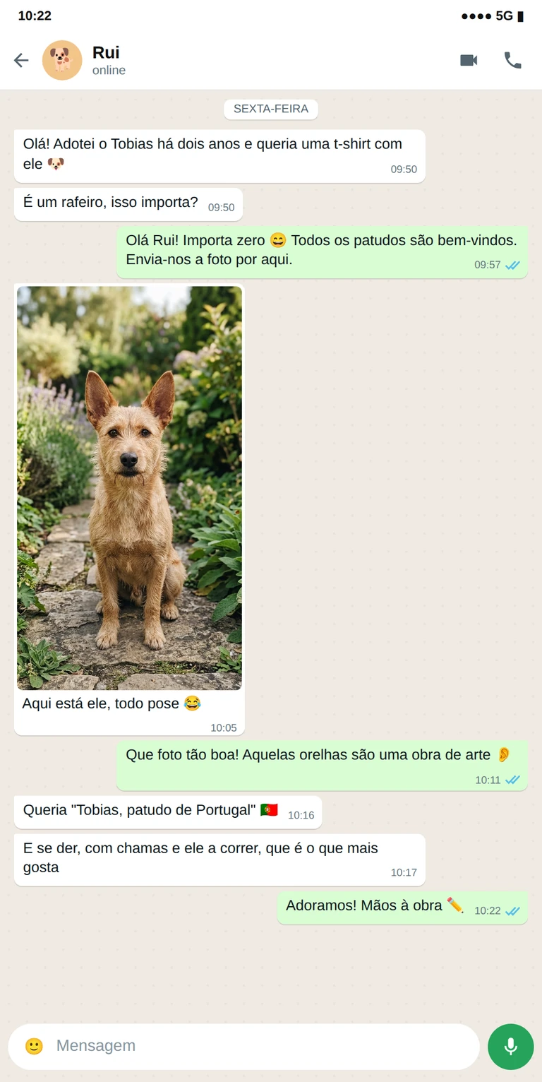 Exemplo de conversa de WhatsApp com a foto de um cão rafeiro para uma t-shirt personalizada