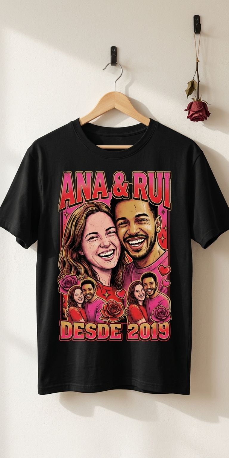 Exemplo de t-shirt personalizada para casal, desenhada à mão em estilo vintage anos 90
