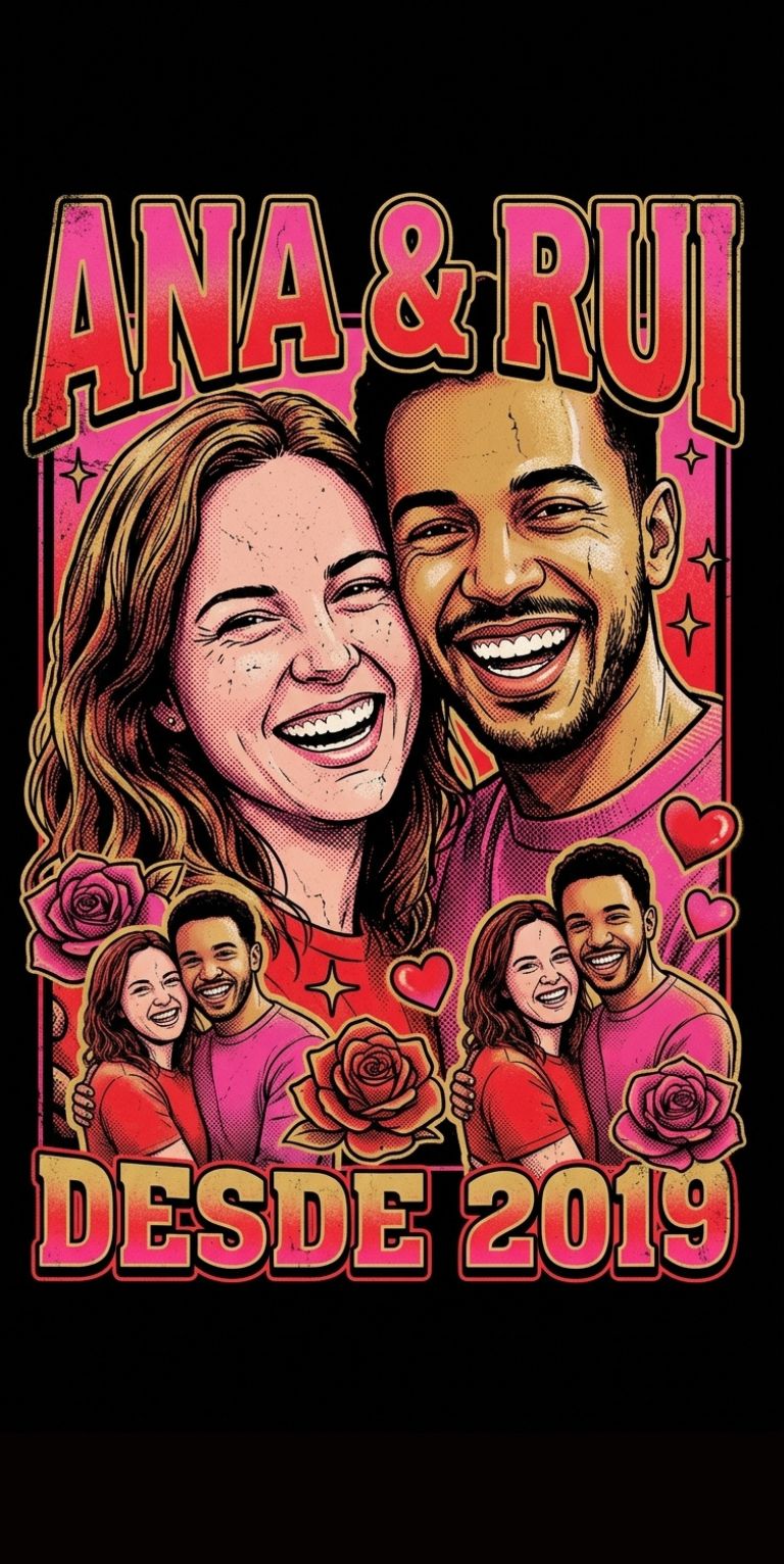 Exemplo de t-shirt personalizada para casal, desenhada à mão em estilo vintage anos 90