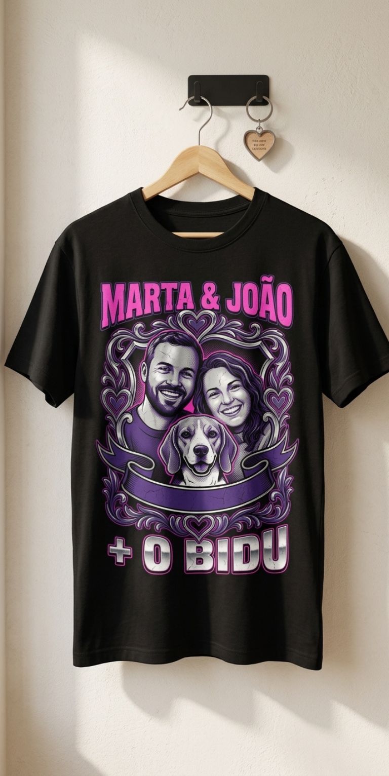 Exemplo de t-shirt personalizada para casal, desenhada à mão em estilo vintage anos 90