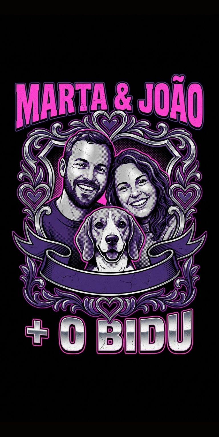 Exemplo de t-shirt personalizada para casal, desenhada à mão em estilo vintage anos 90