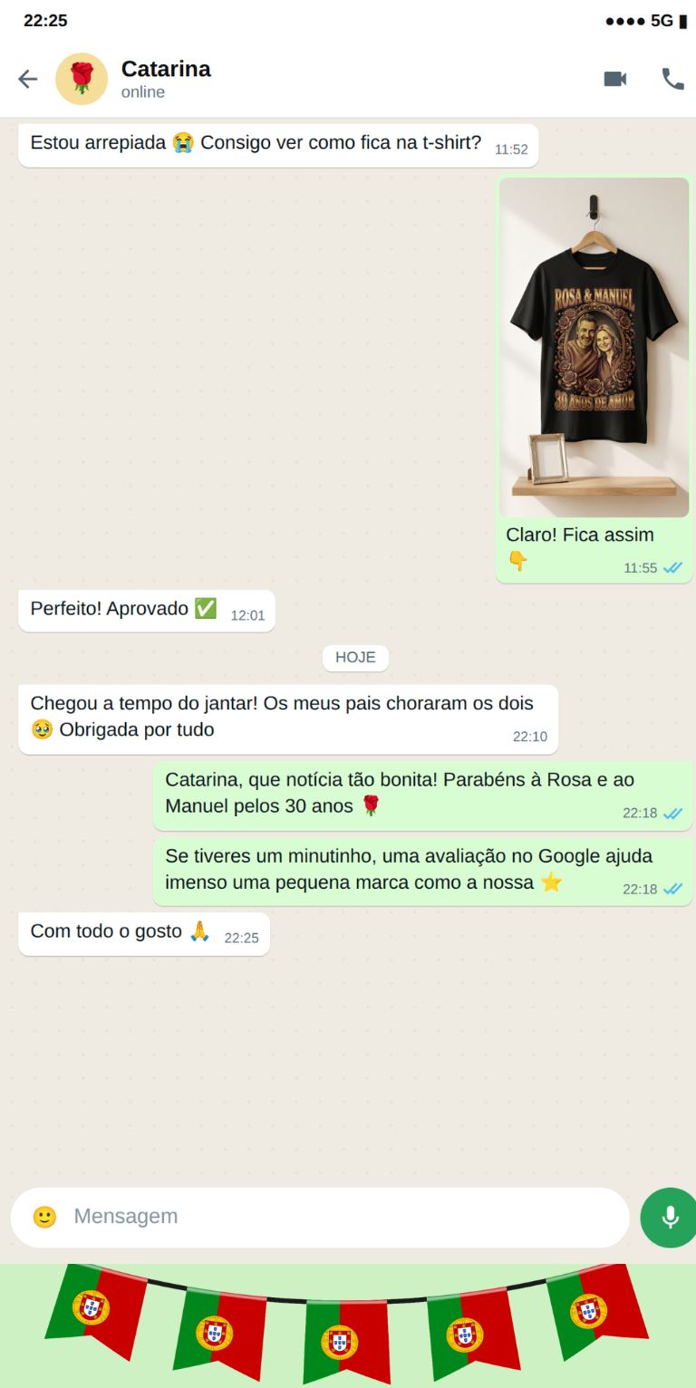 Exemplo de conversa de WhatsApp para encomendar uma t-shirt personalizada para casal