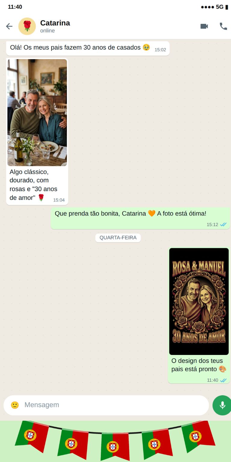 Exemplo de conversa de WhatsApp para encomendar uma t-shirt personalizada para casal