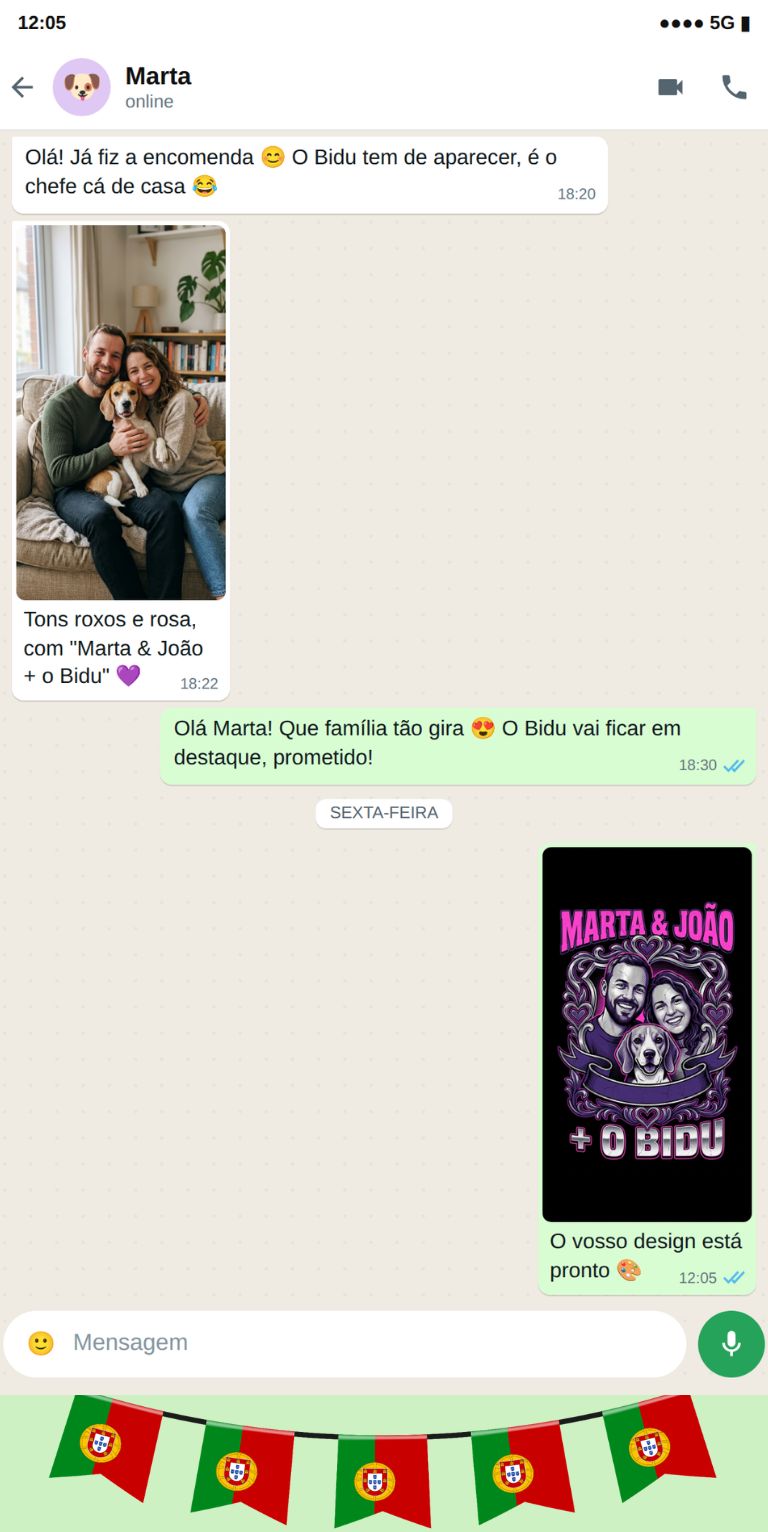 Exemplo de conversa de WhatsApp para encomendar uma t-shirt personalizada para casal