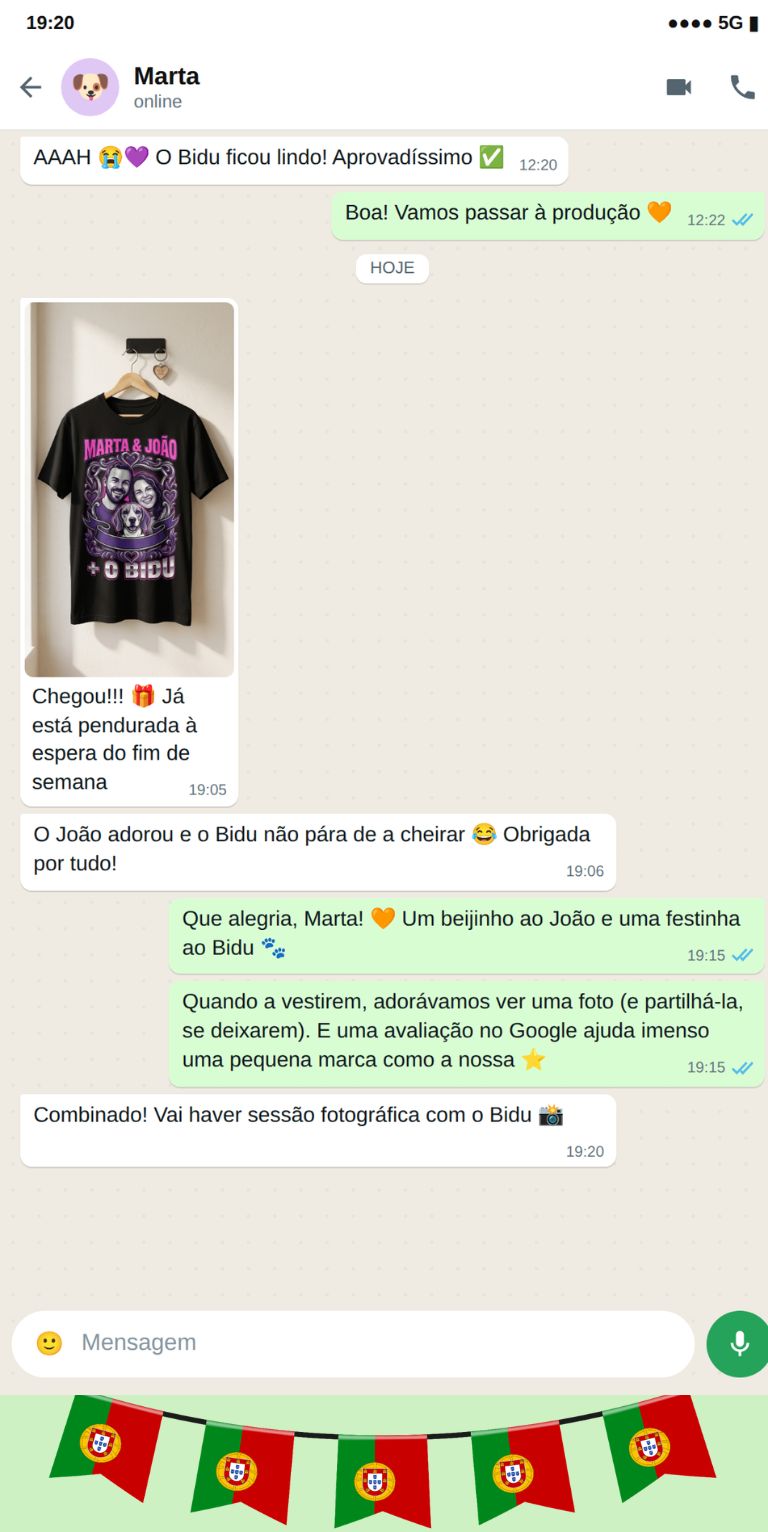 Exemplo de conversa de WhatsApp para encomendar uma t-shirt personalizada para casal