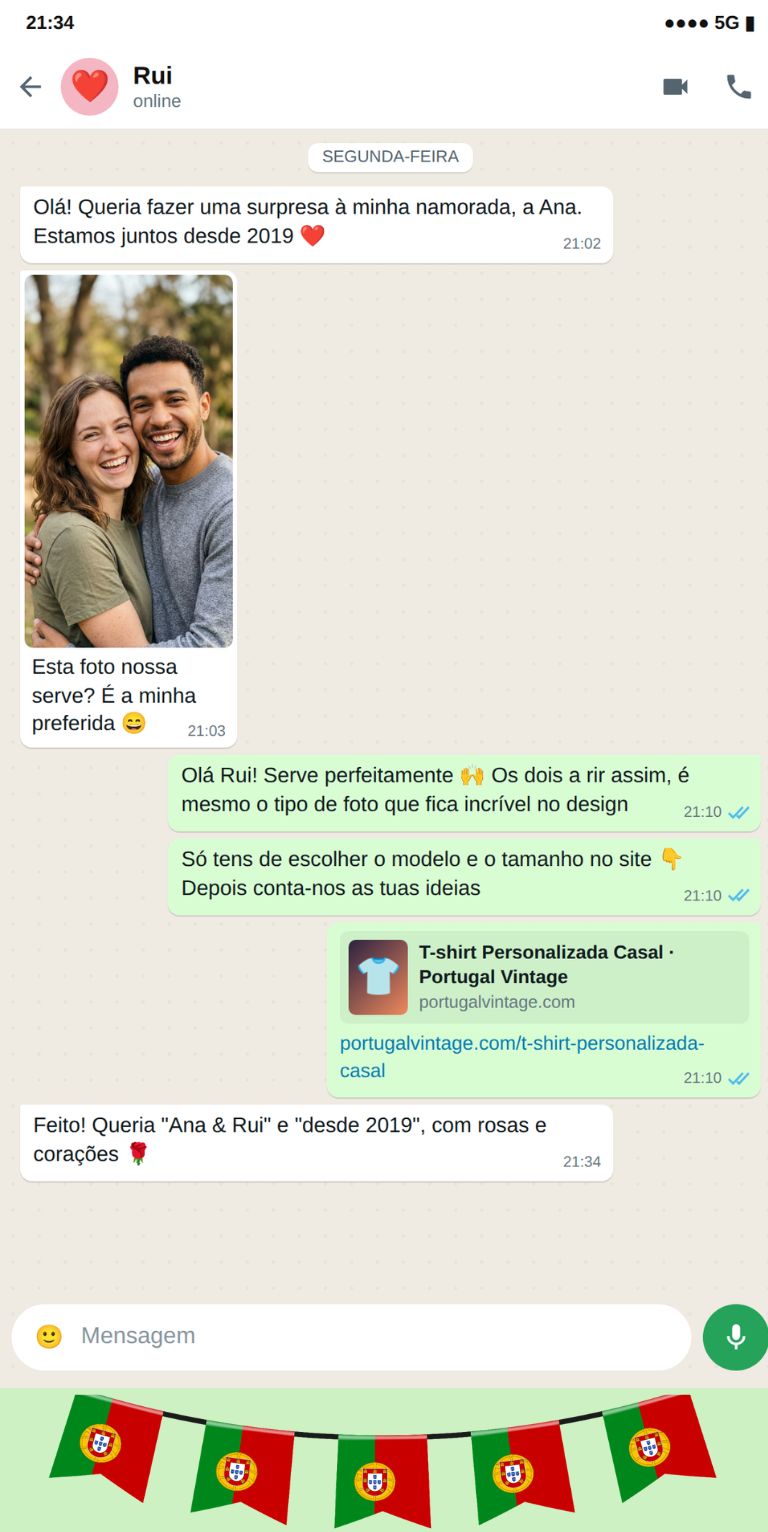 Exemplo de conversa de WhatsApp para encomendar uma t-shirt personalizada para casal