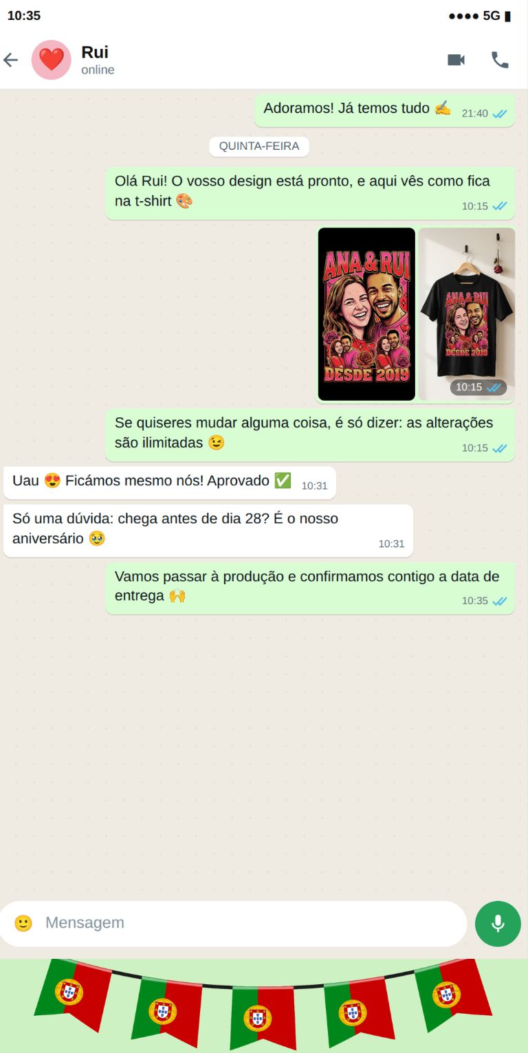 Exemplo de conversa de WhatsApp para encomendar uma t-shirt personalizada para casal