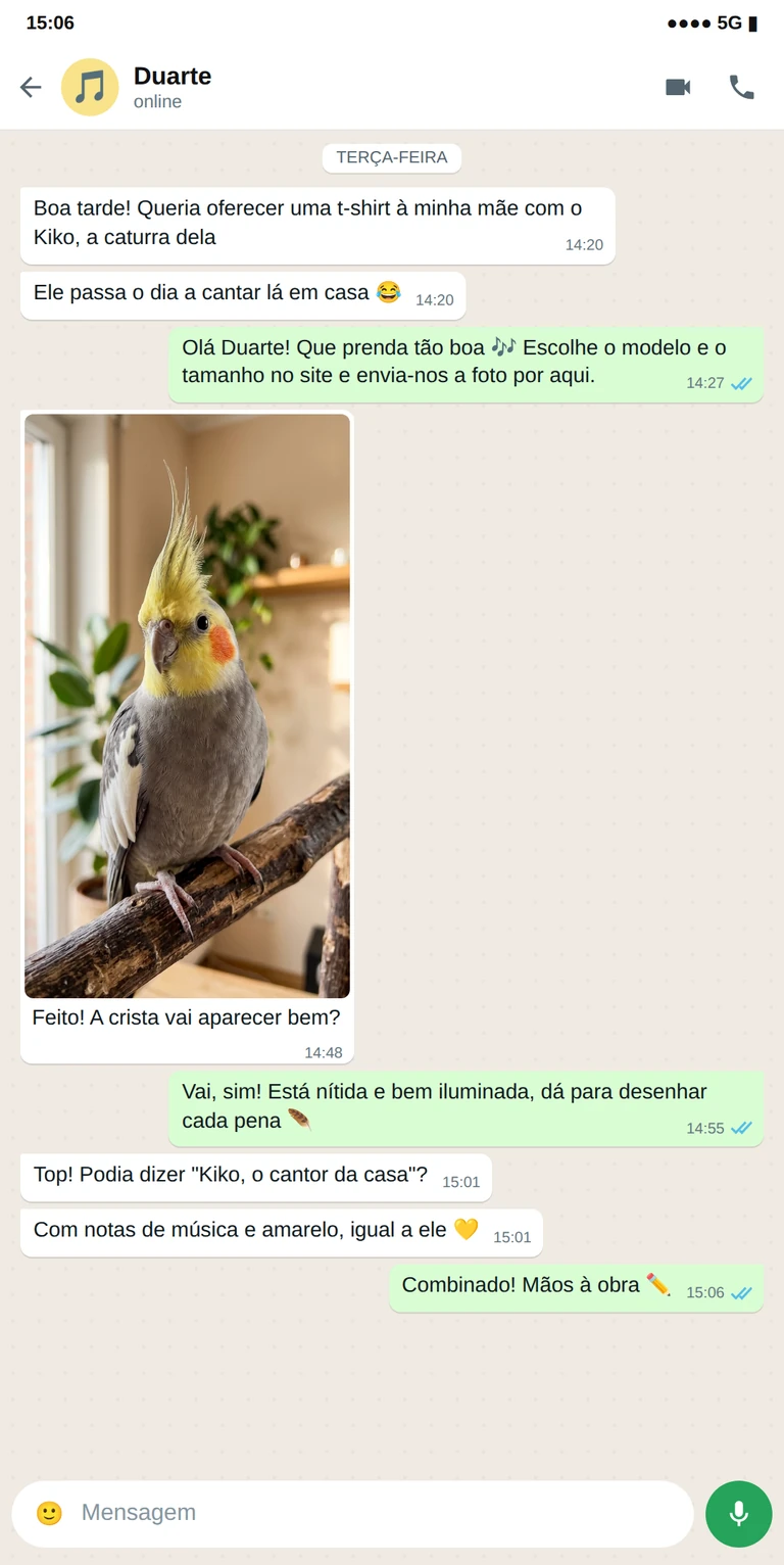 Exemplo de conversa de WhatsApp com a foto de uma caturra para uma t-shirt personalizada