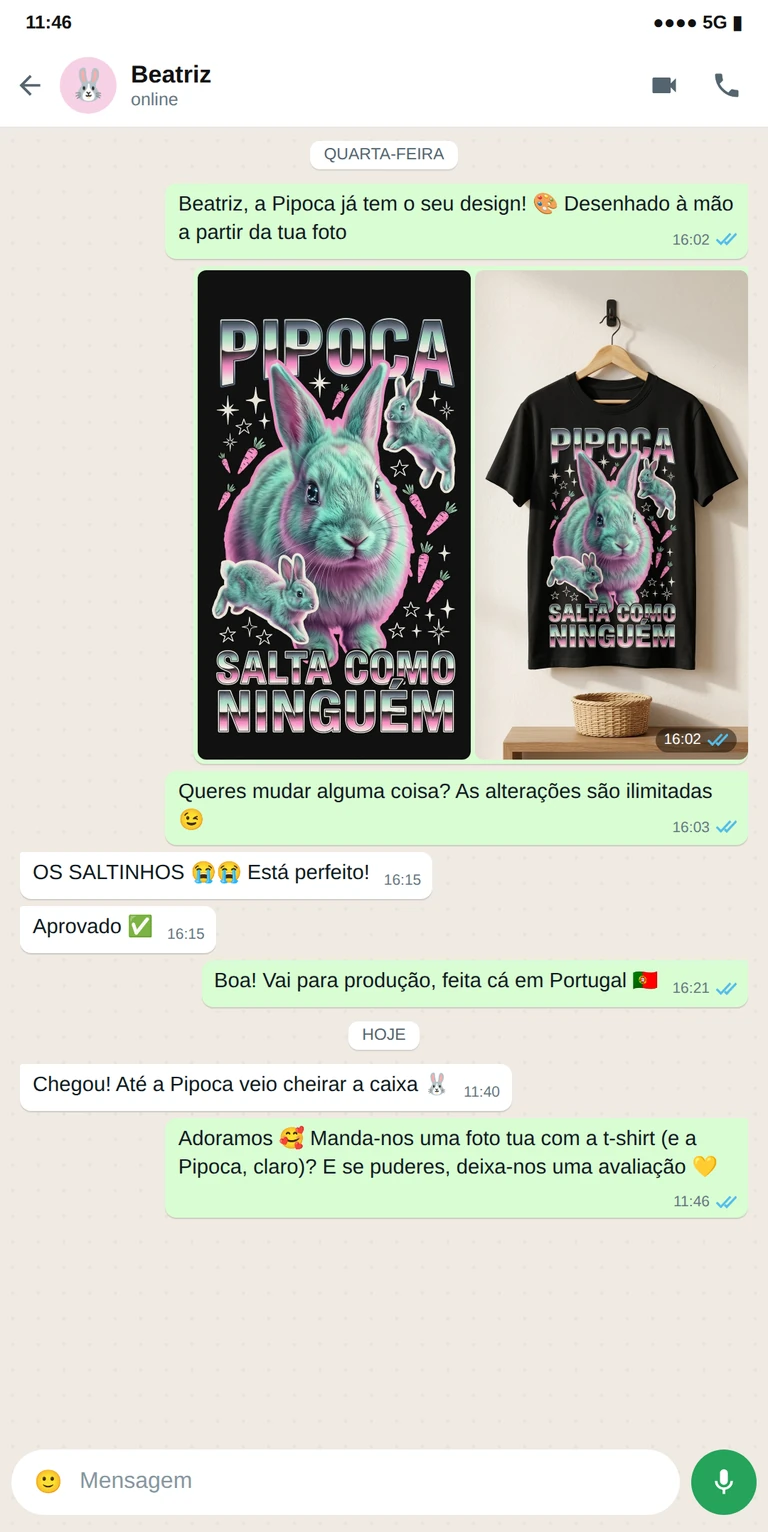 Exemplo de design de t-shirt personalizada com foto do coelho aprovado por WhatsApp