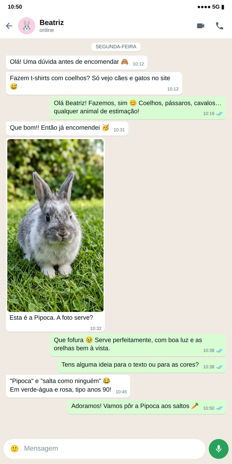 Exemplo de conversa de WhatsApp com a foto de um coelho para uma t-shirt personalizada