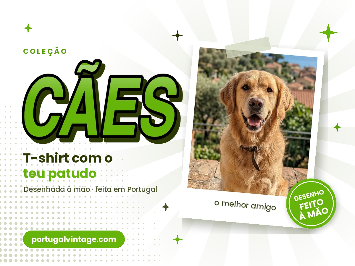 Coleção de t-shirts personalizadas com a foto do teu cão, em estilo vintage anos 90