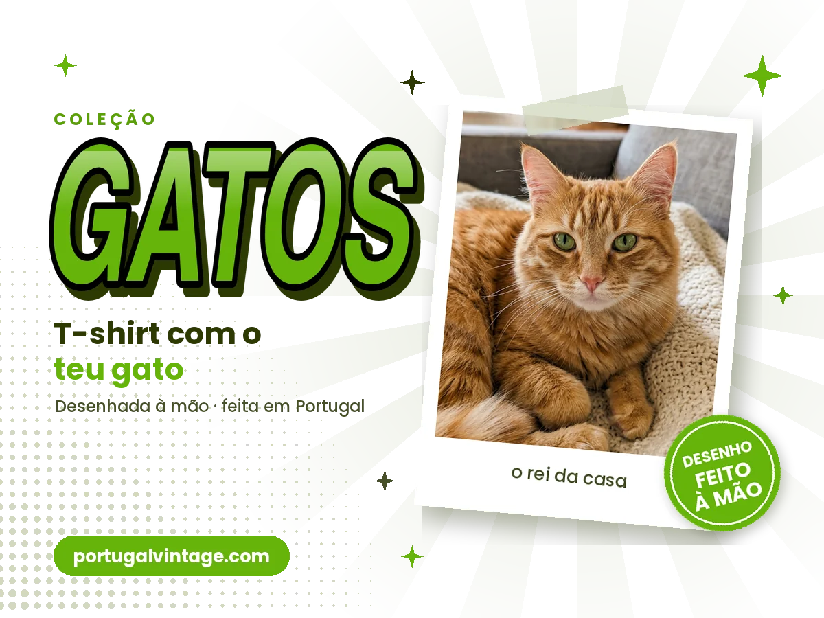 Coleção de t-shirts personalizadas com a foto do teu gato, em estilo vintage anos 90