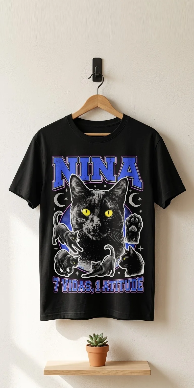 T-shirt personalizada com a Nina, um gato preto, em estilo vintage anos 90